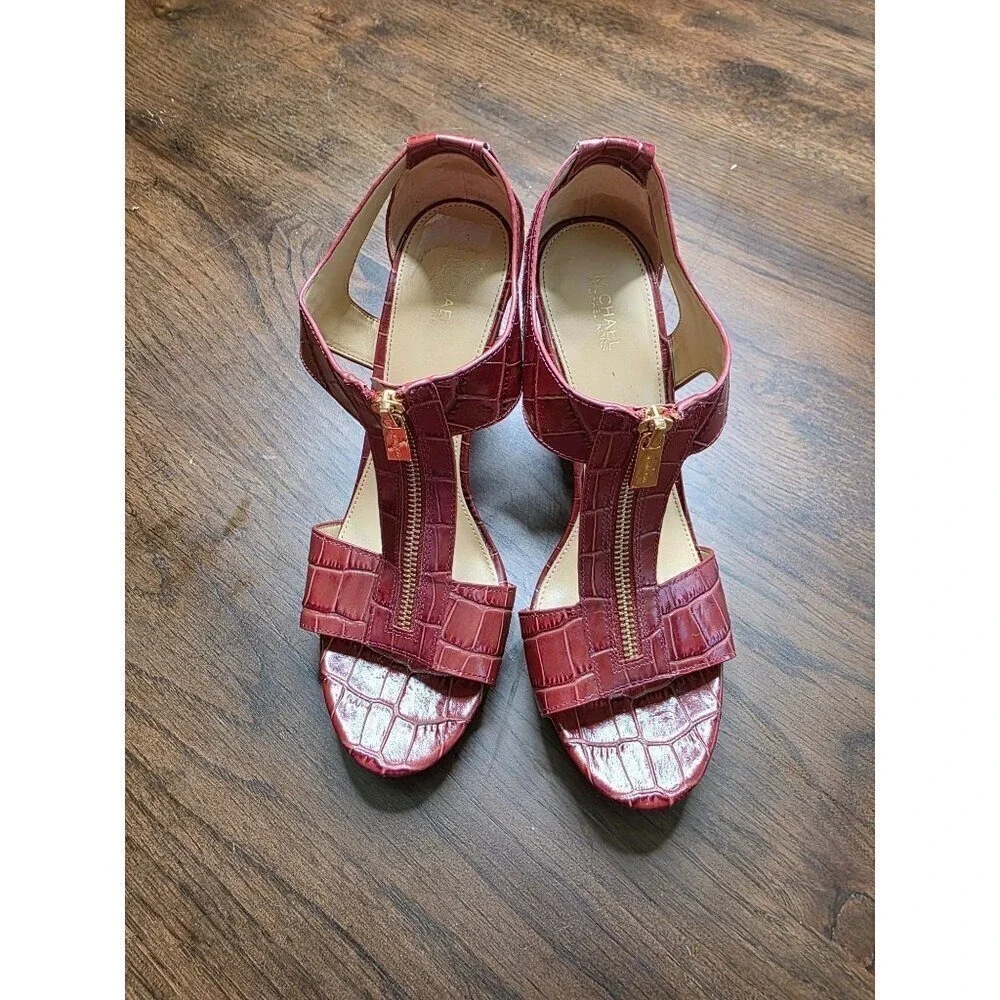 Michael Kors Red Croc Embossed T-Strap High Heel Sandals 9.5M
